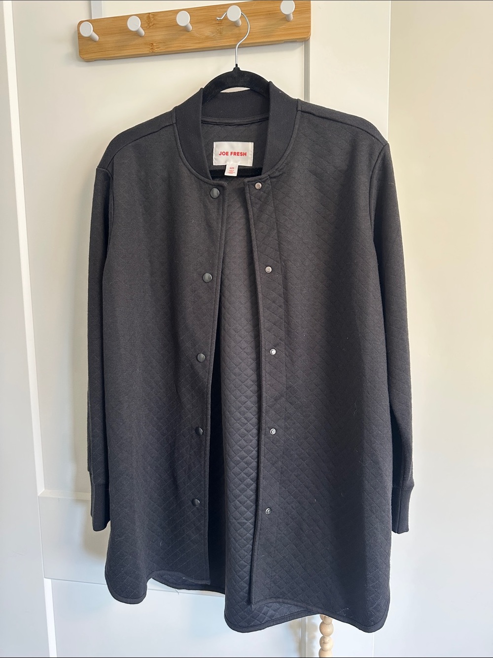 Joe Fresh women’s Jillian Harris Quilted Black Snap-Front long bomber Jacket